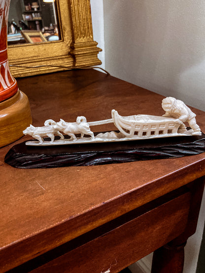 Vintage Hand Carved Bone Inuit Figure Sleigh Dogs Miniature Sculpture on Base
