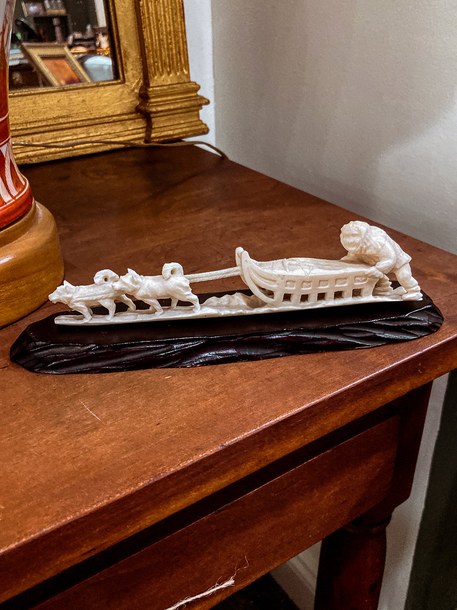 Vintage Hand Carved Bone Inuit Figure Sleigh Dogs Miniature Sculpture on Base