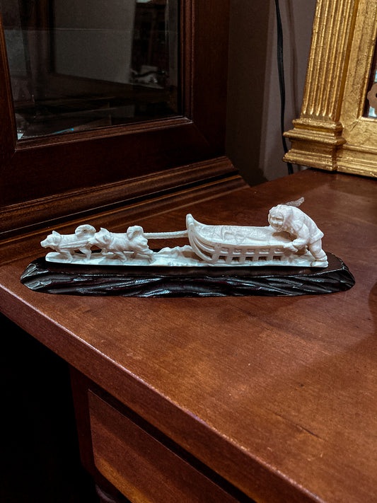 Vintage Hand Carved Bone Inuit Figure Sleigh Dogs Miniature Sculpture on Base