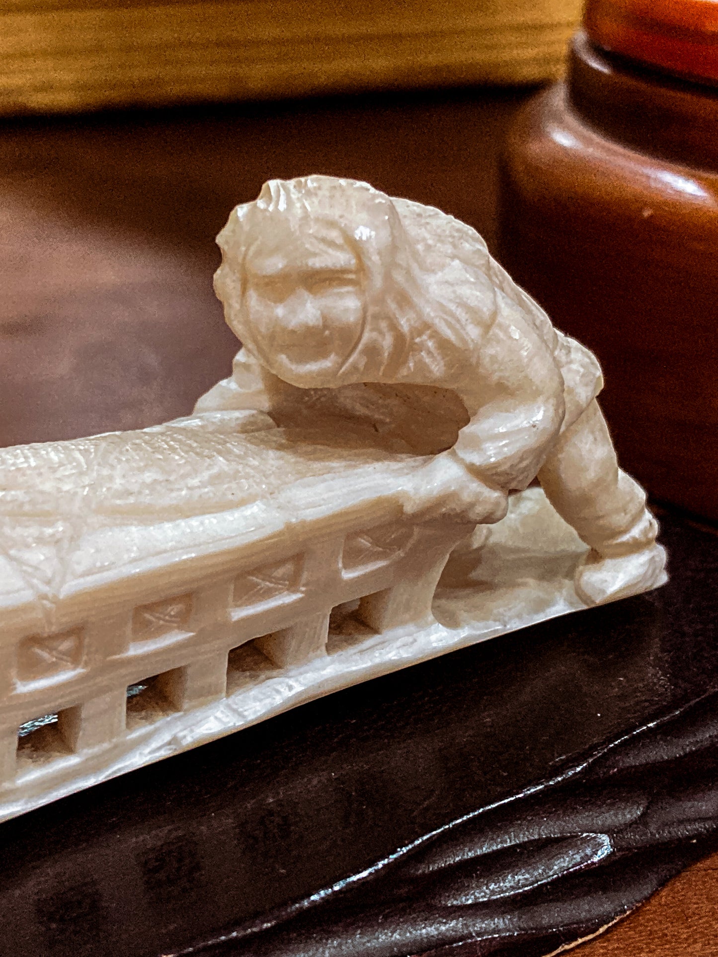Vintage Hand Carved Bone Inuit Figure Sleigh Dogs Miniature Sculpture on Base