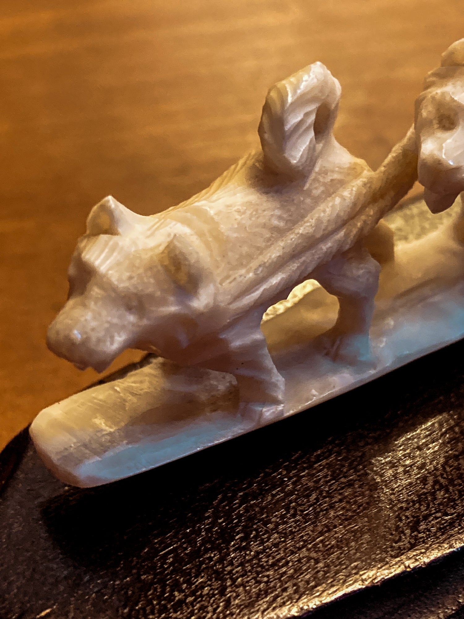 Vintage Hand Carved Bone Inuit Figure Sleigh Dogs Miniature Sculpture on Base