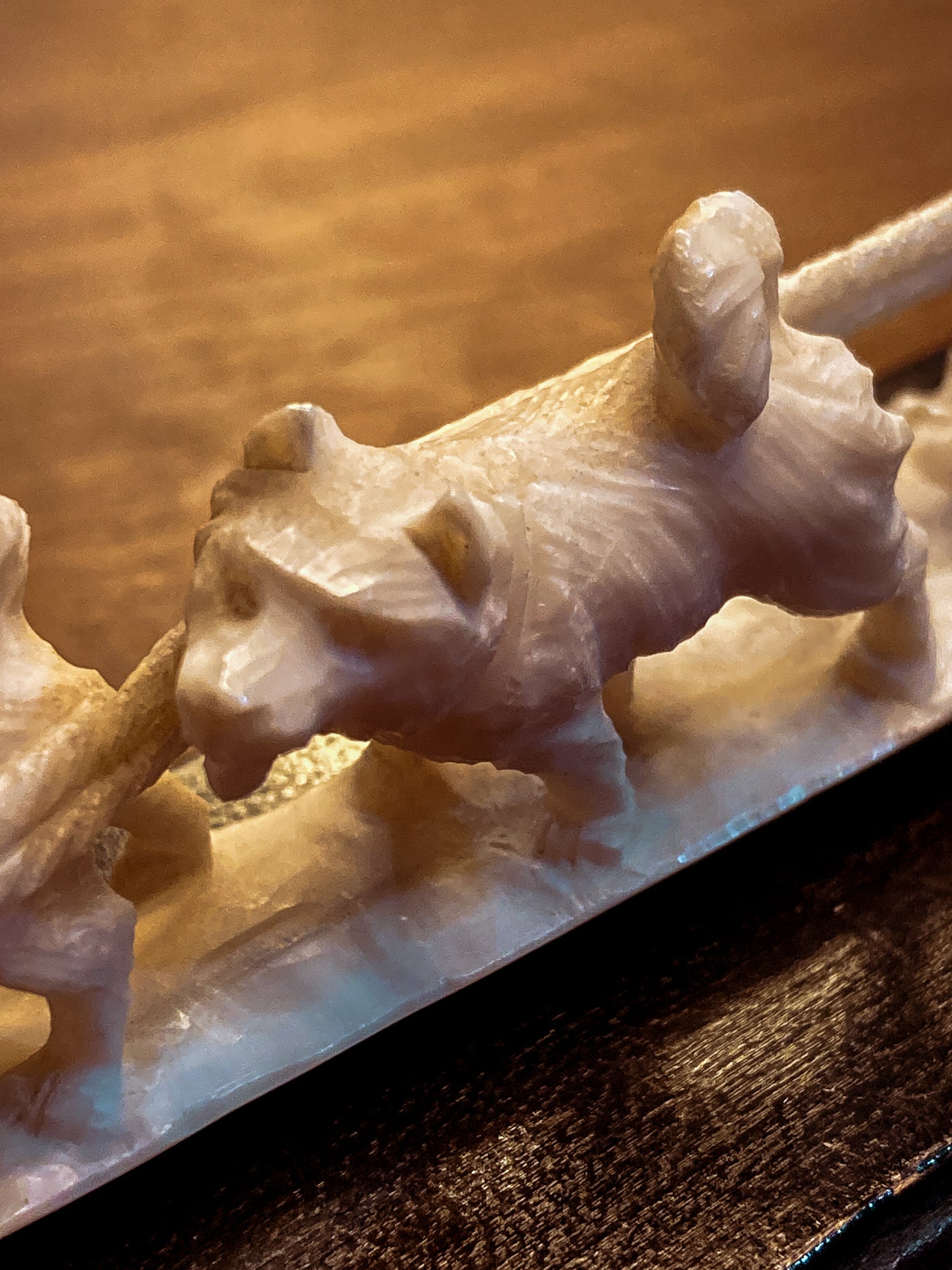 Vintage Hand Carved Bone Inuit Figure Sleigh Dogs Miniature Sculpture on Base
