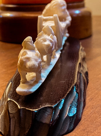 Vintage Hand Carved Bone Inuit Figure Sleigh Dogs Miniature Sculpture on Base