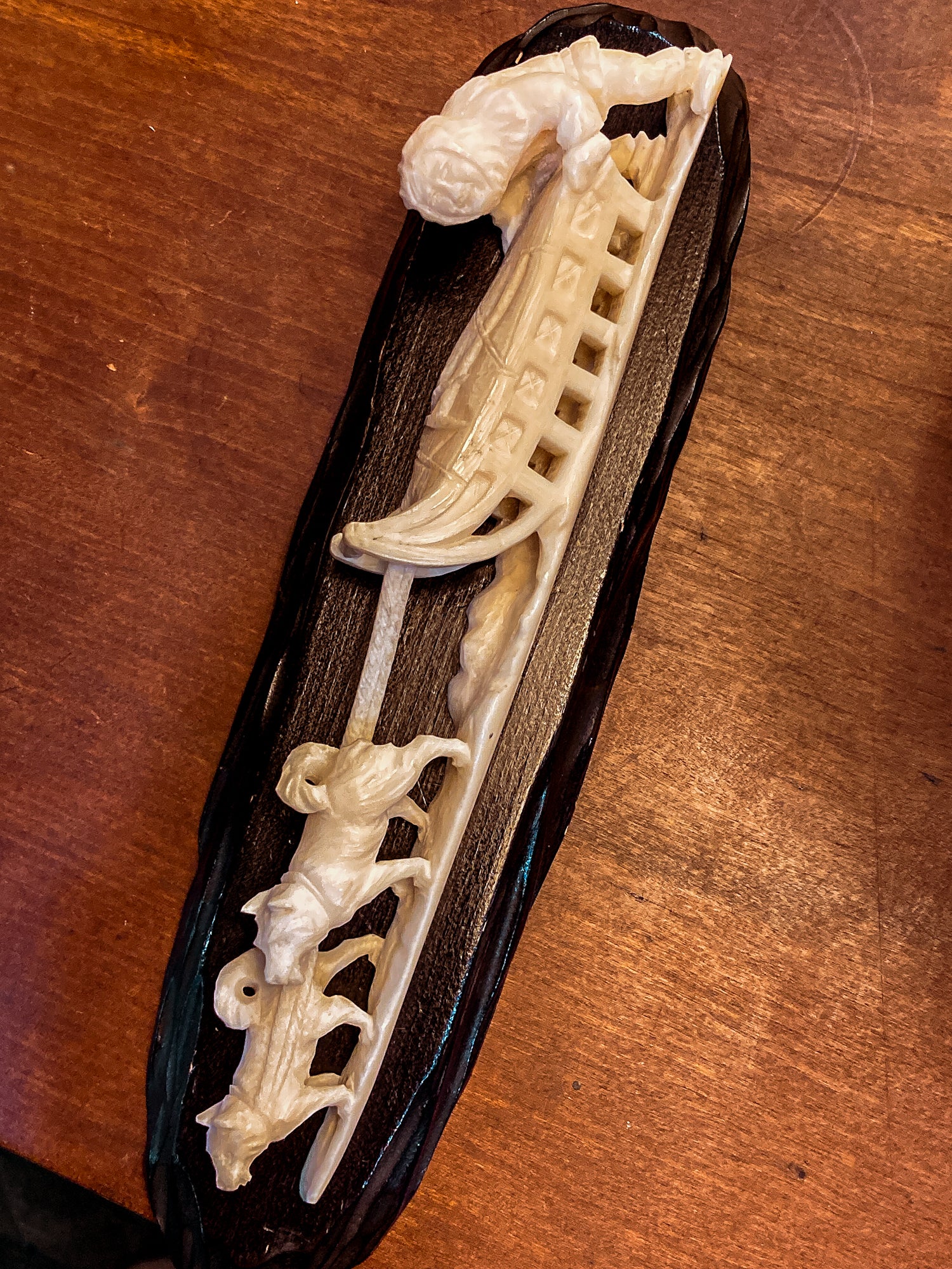 Vintage Hand Carved Bone Inuit Figure Sleigh Dogs Miniature Sculpture on Base