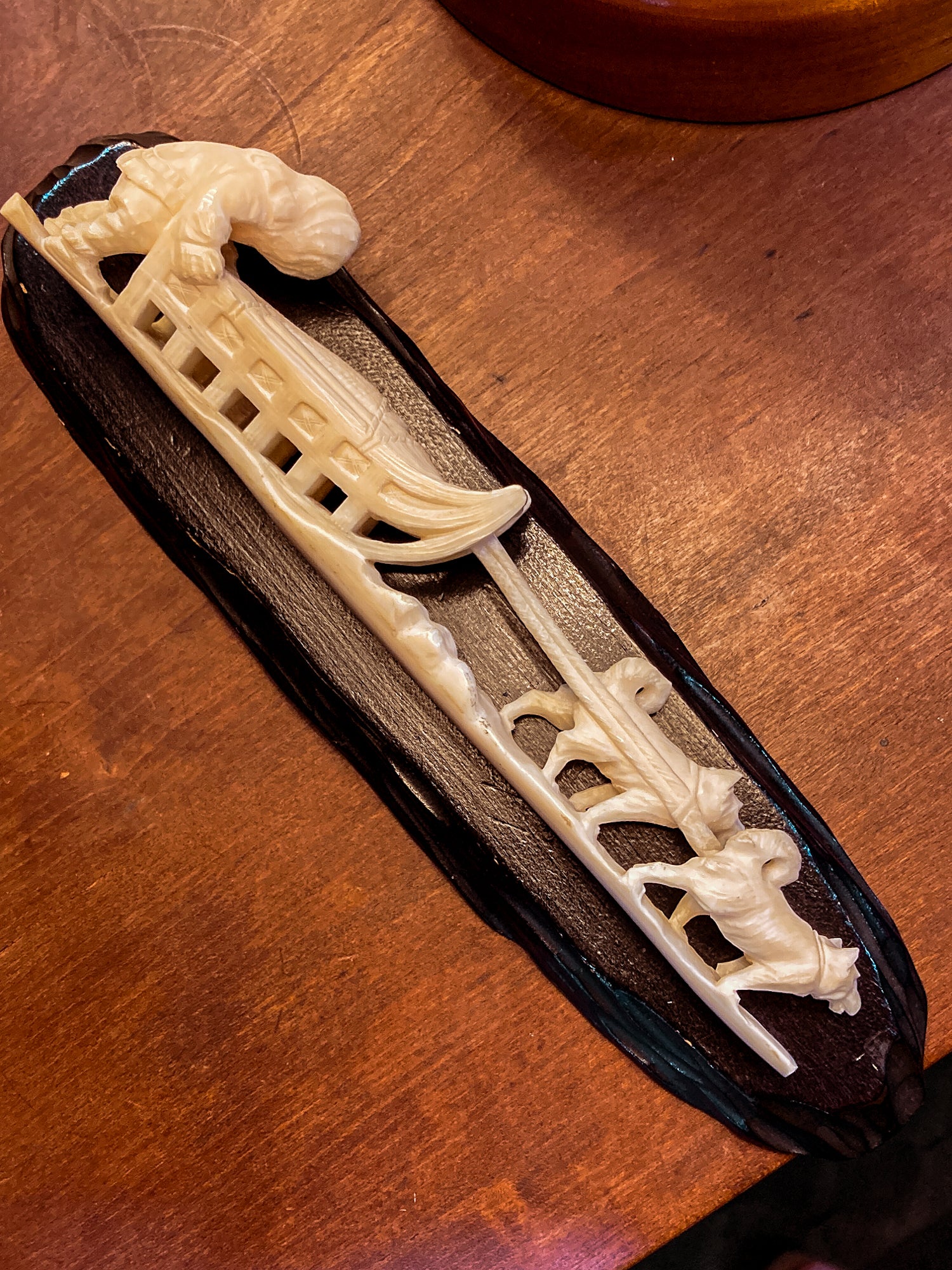Vintage Hand Carved Bone Inuit Figure Sleigh Dogs Miniature Sculpture on Base