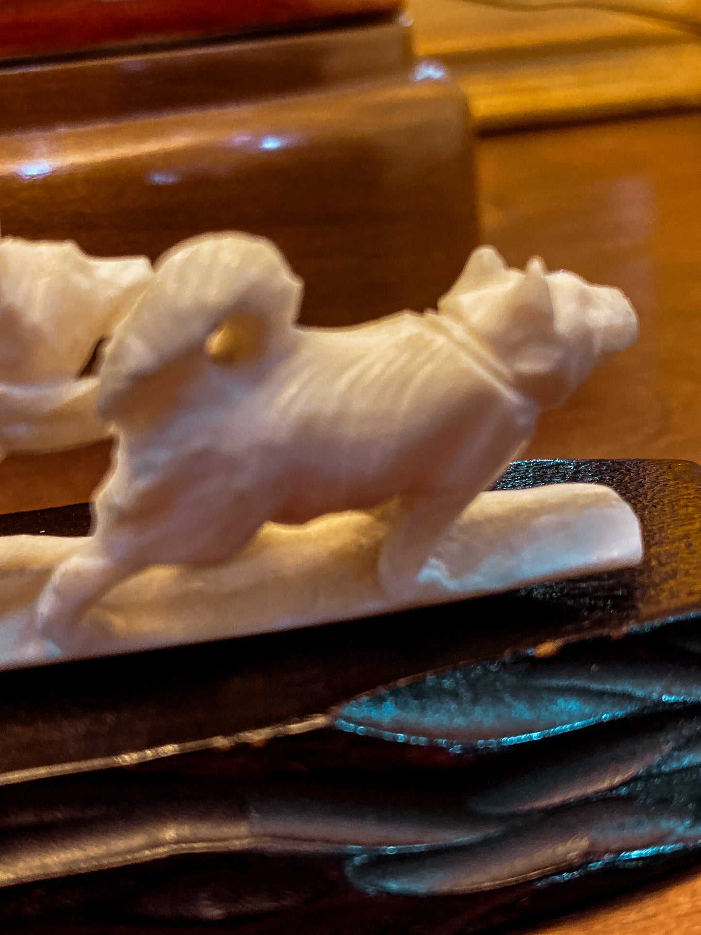 Vintage Hand Carved Bone Inuit Figure Sleigh Dogs Miniature Sculpture on Base