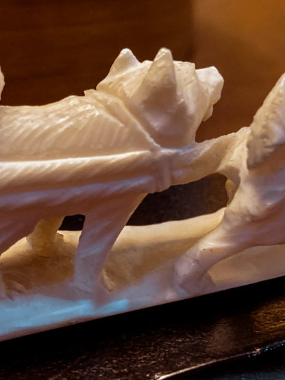 Vintage Hand Carved Bone Inuit Figure Sleigh Dogs Miniature Sculpture on Base