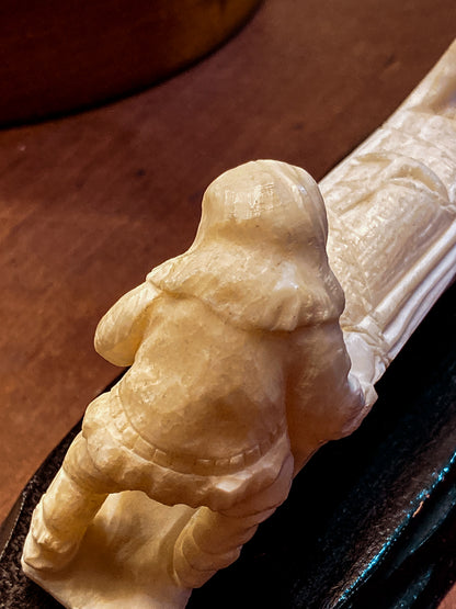 Vintage Hand Carved Bone Inuit Figure Sleigh Dogs Miniature Sculpture on Base