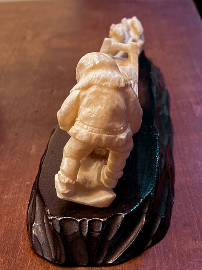 Vintage Hand Carved Bone Inuit Figure Sleigh Dogs Miniature Sculpture on Base
