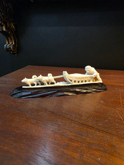 Vintage Hand Carved Bone Inuit Figure Sleigh Dogs Miniature Sculpture on Base