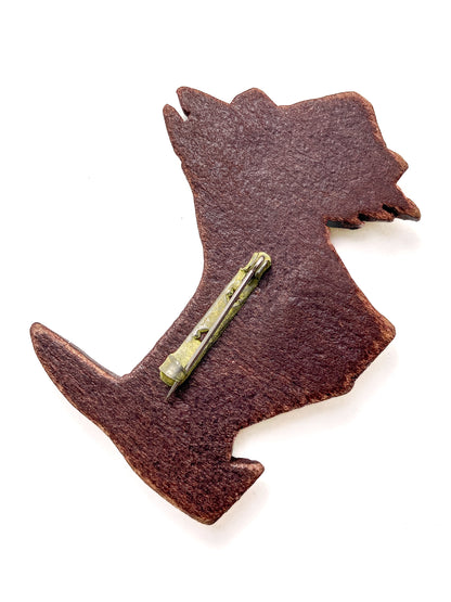Vintage Hand Carved Painted Wooden Scottie Dog Large Brooch Pin