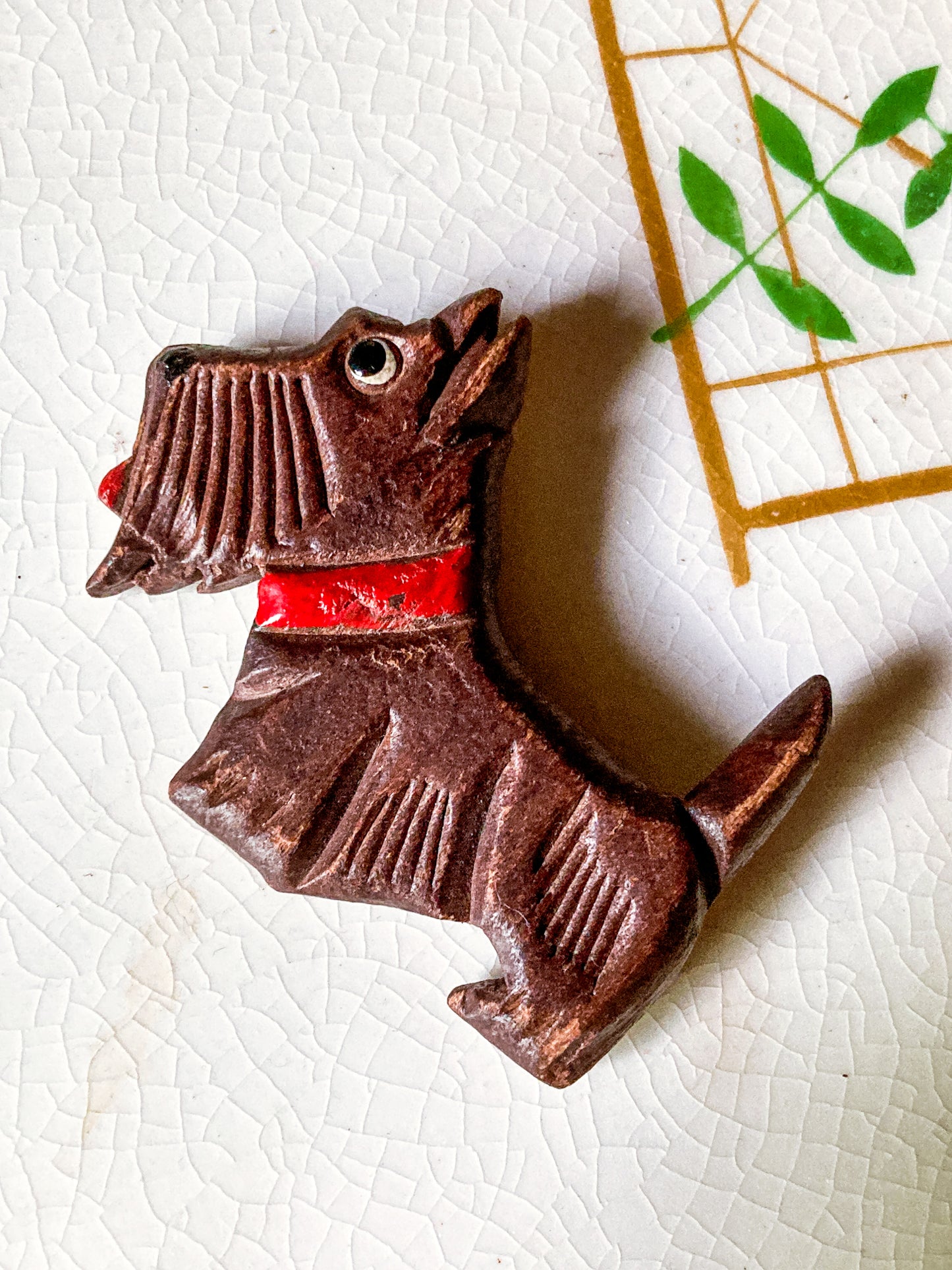 Vintage Hand Carved Painted Wooden Scottie Dog Large Brooch Pin