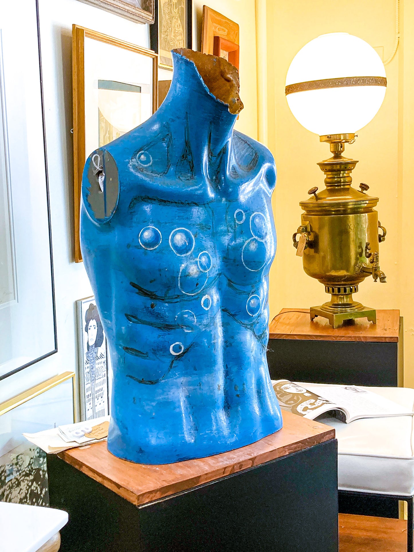 Vintage Hand-Painted Blue Bubble Mannequin Male Torso Sculpture