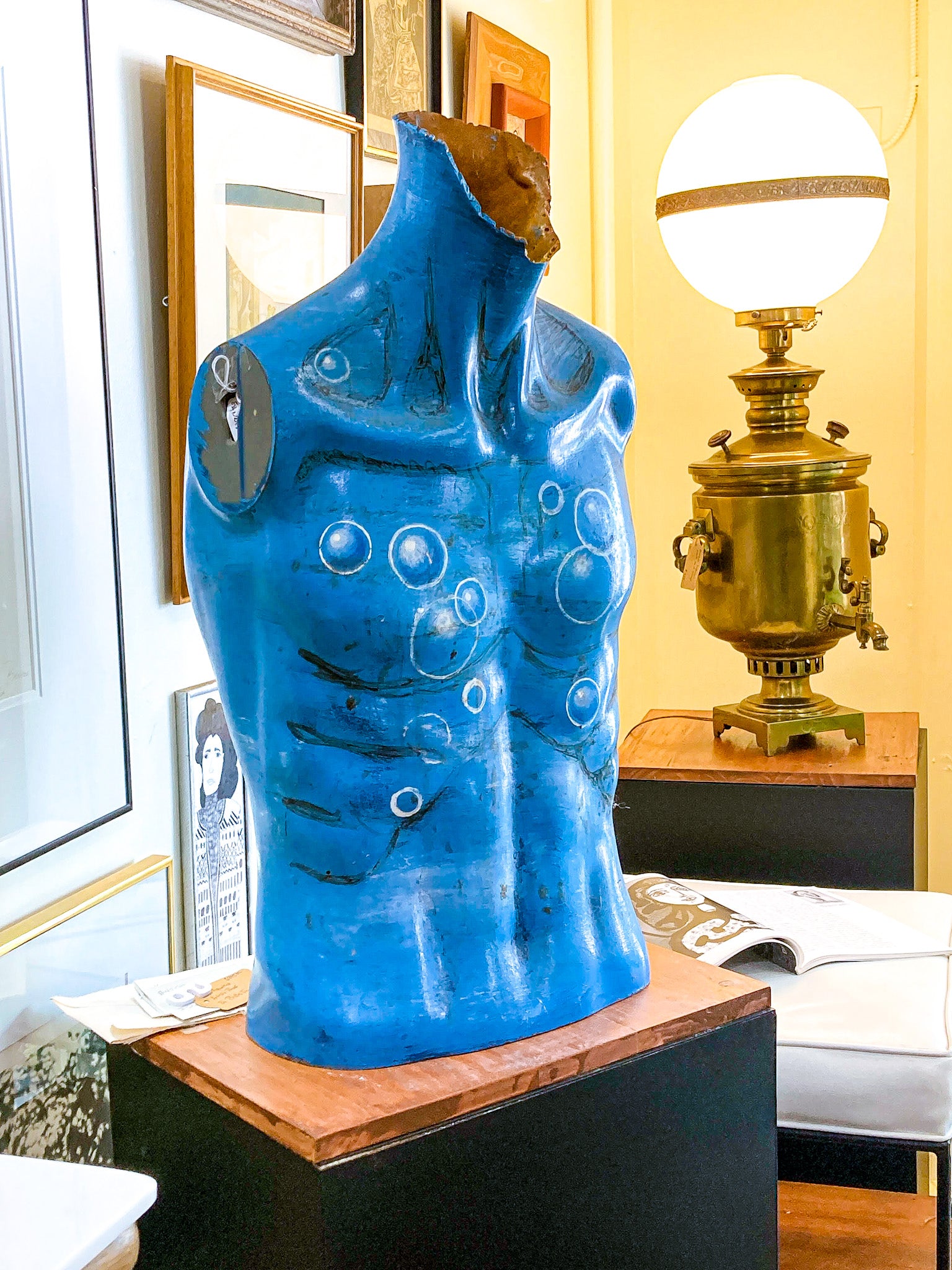 Vintage Hand-Painted Blue Bubble Mannequin Male Torso Sculpture