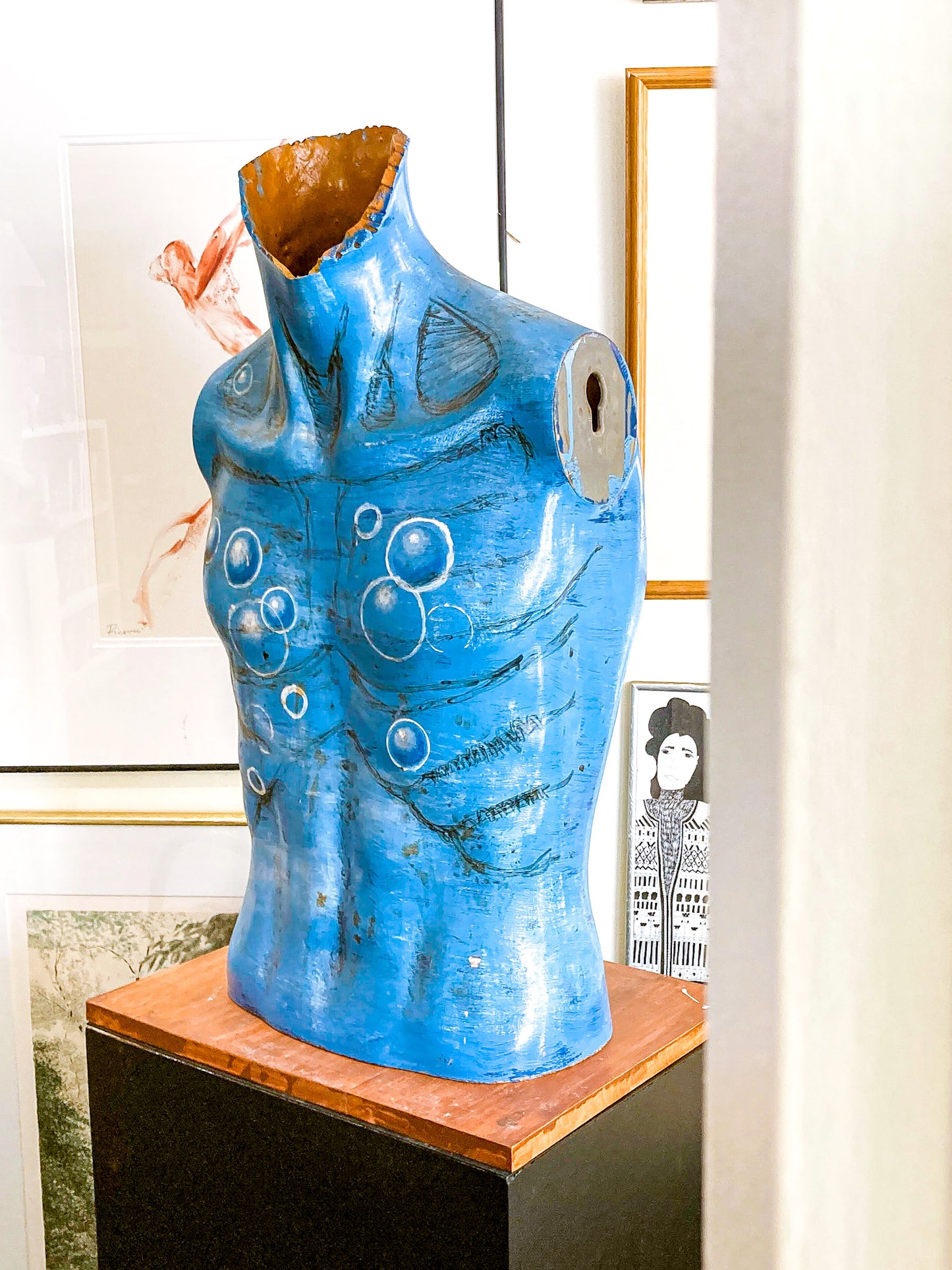 Vintage Hand-Painted Blue Bubble Mannequin Male Torso Sculpture