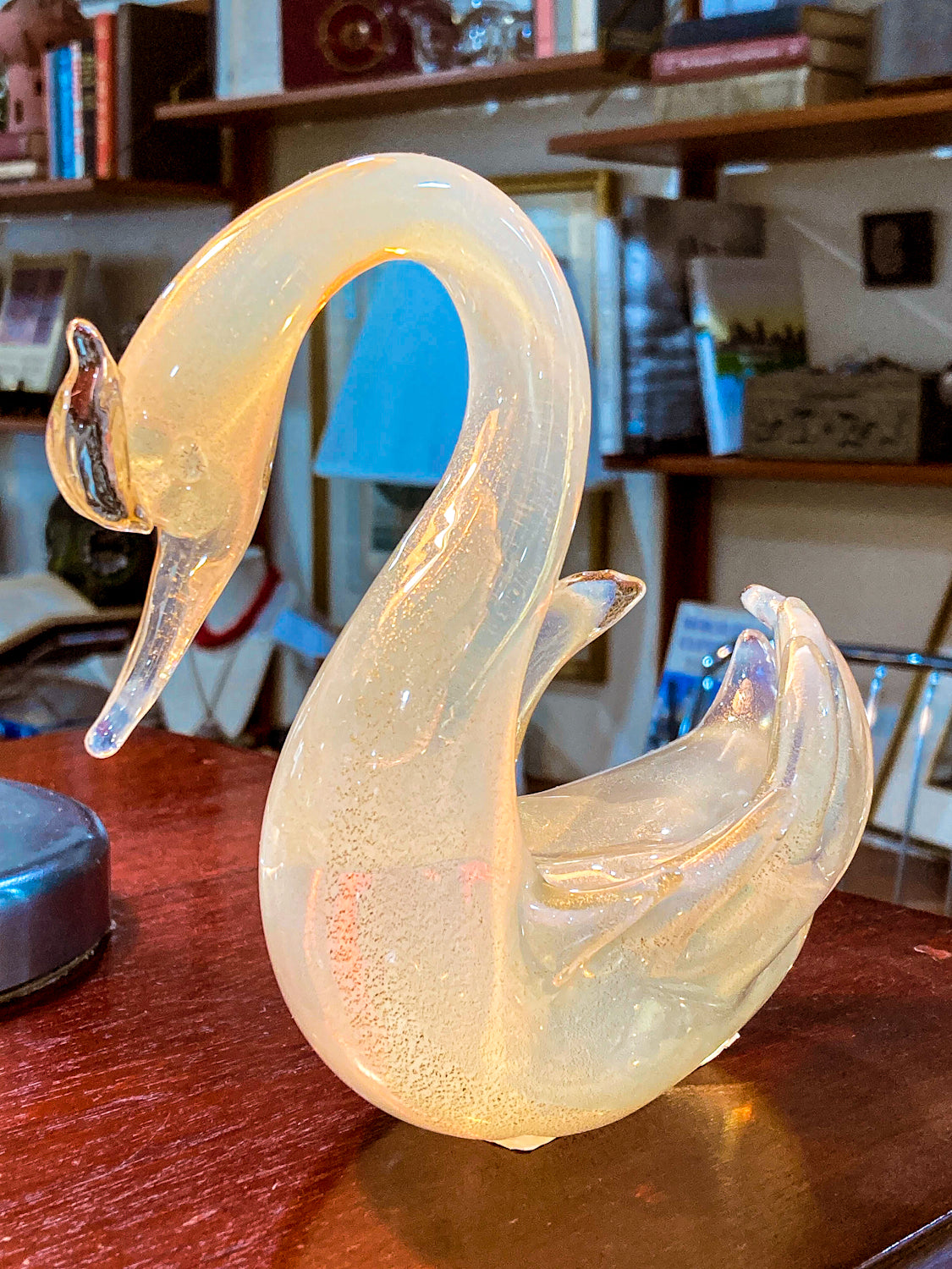 Vintage Hand Blown Gold Glitter Fleck Italian Seguso Murano Glass Swan Sculpture