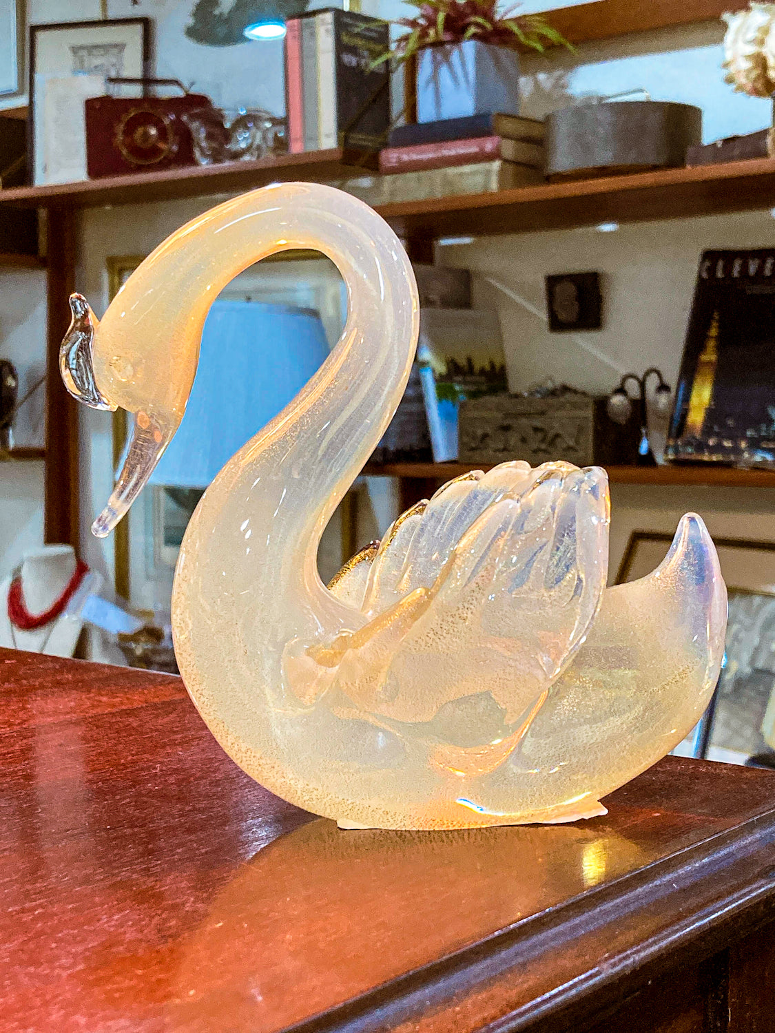 Vintage Hand Blown Gold Glitter Fleck Italian Seguso Murano Glass Swan Sculpture