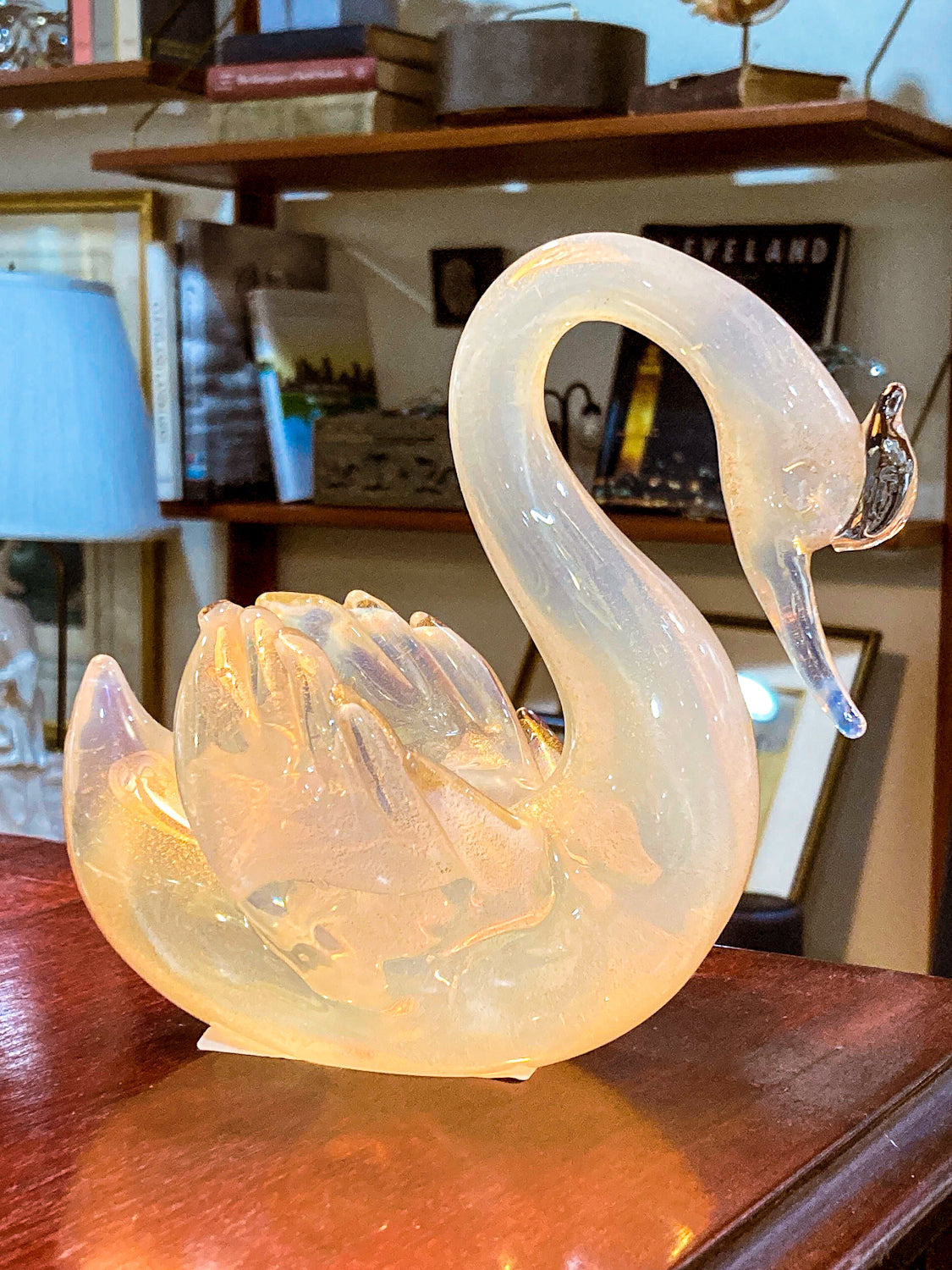 Vintage Hand Blown Gold Glitter Fleck Italian Seguso Murano Glass Swan Sculpture