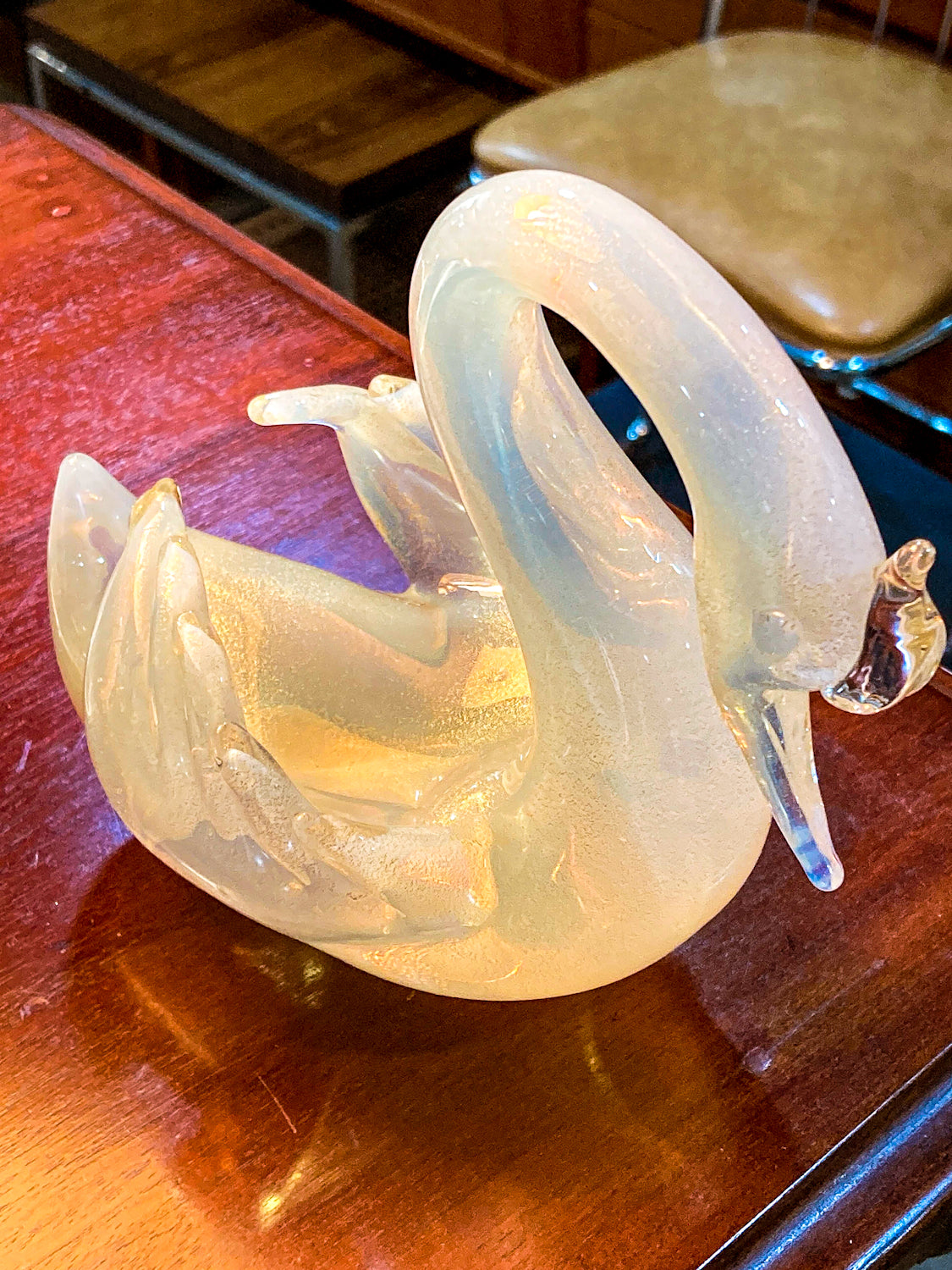 Vintage Hand Blown Gold Glitter Fleck Italian Seguso Murano Glass Swan Sculpture