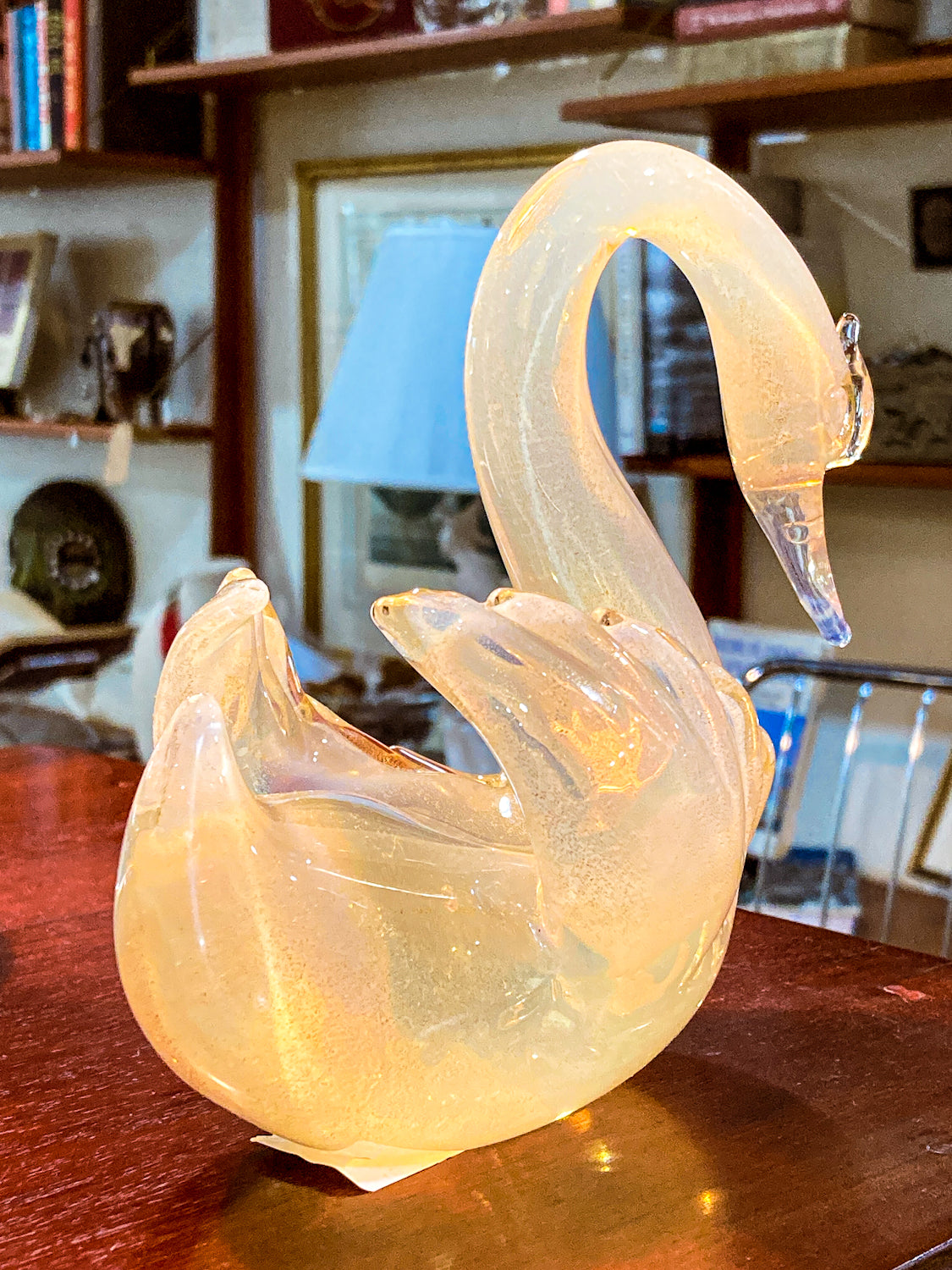 Vintage Hand Blown Gold Glitter Fleck Italian Seguso Murano Glass Swan Sculpture