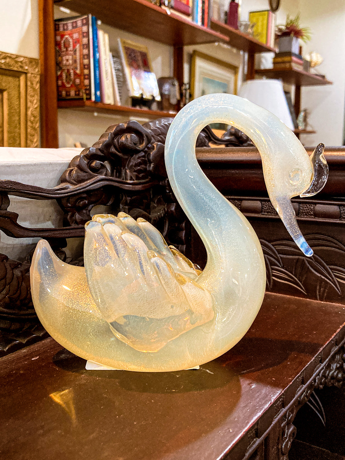 Vintage Hand Blown Gold Glitter Fleck Italian Seguso Murano Glass Swan Sculpture