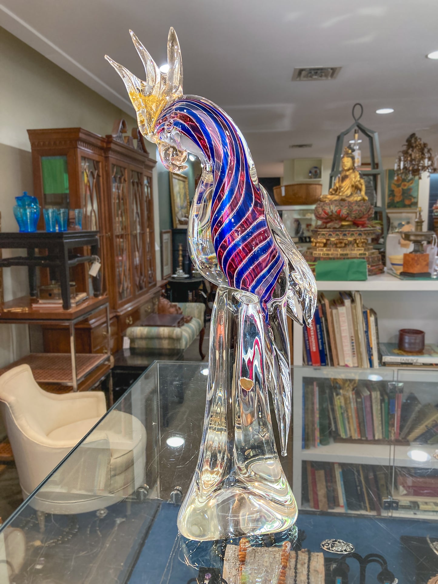 Vintage Handblown Murano Large Red Blue Clear Glass Cockatoo Sculpture