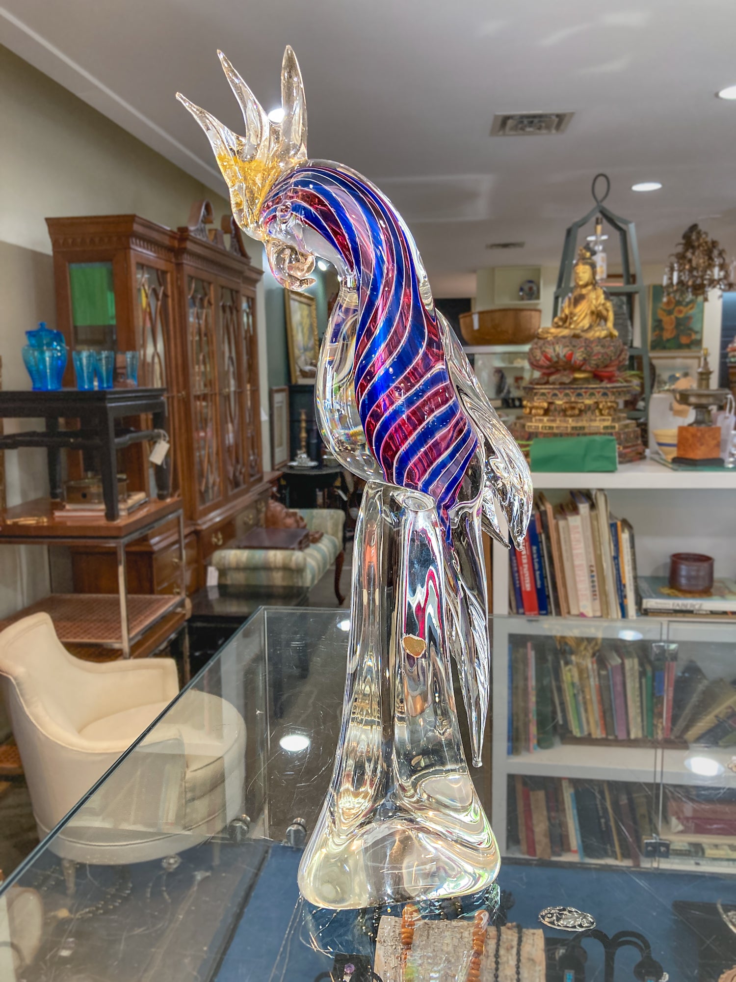 Vintage Handblown Murano Large Red Blue Clear Glass Cockatoo Sculpture