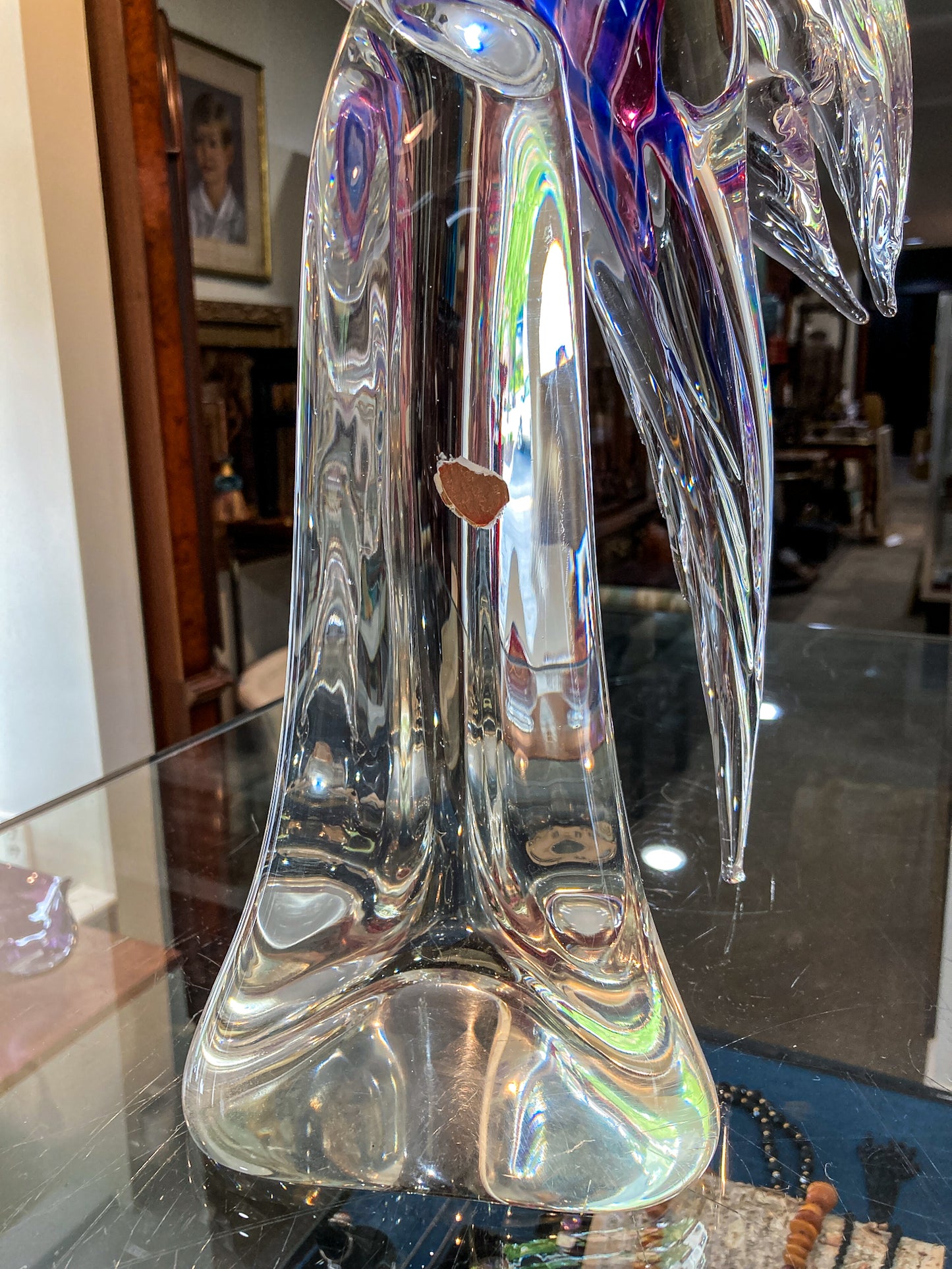 Vintage Handblown Murano Large Red Blue Clear Glass Cockatoo Sculpture