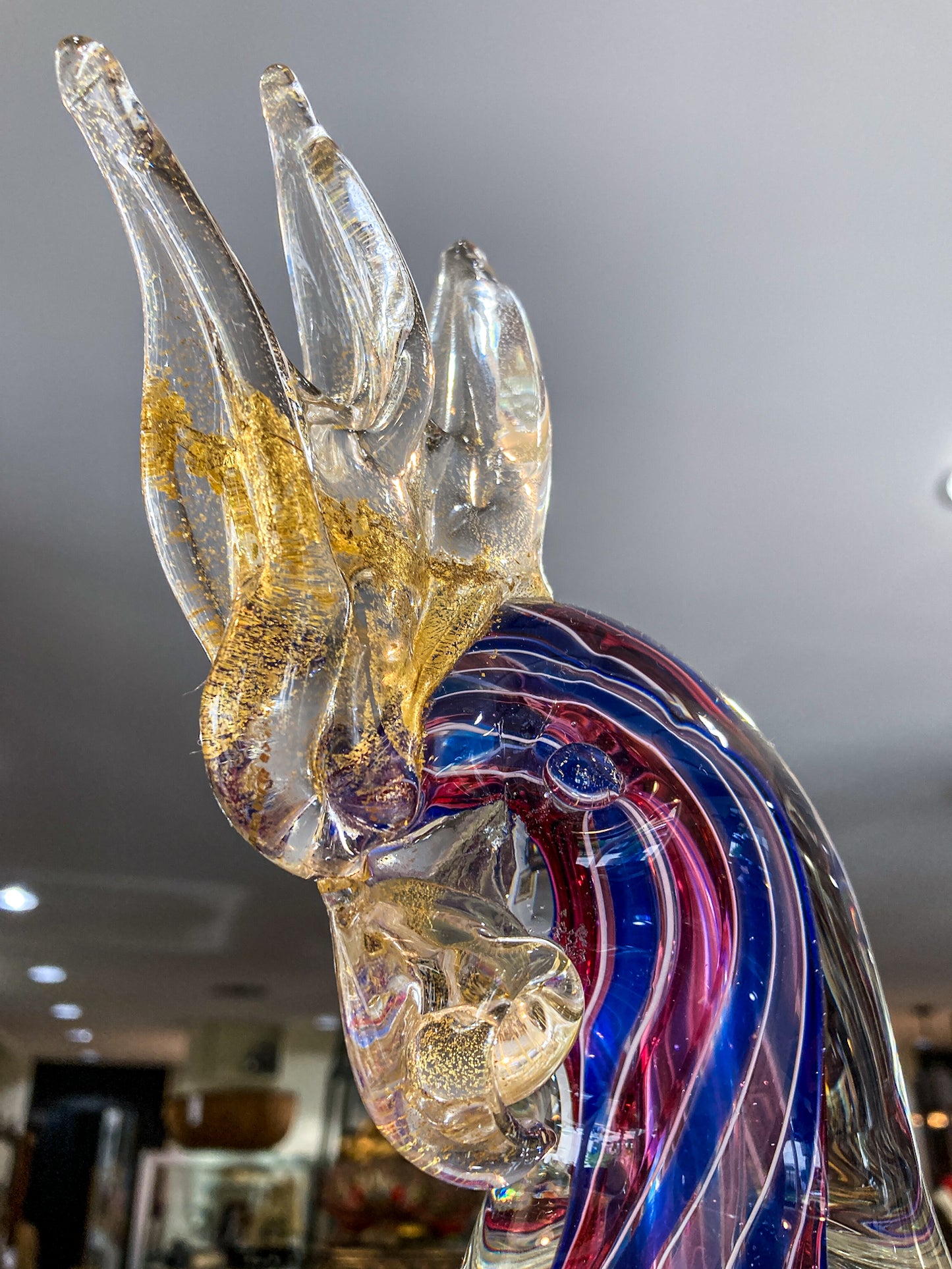Vintage Handblown Murano Large Red Blue Clear Glass Cockatoo Sculpture
