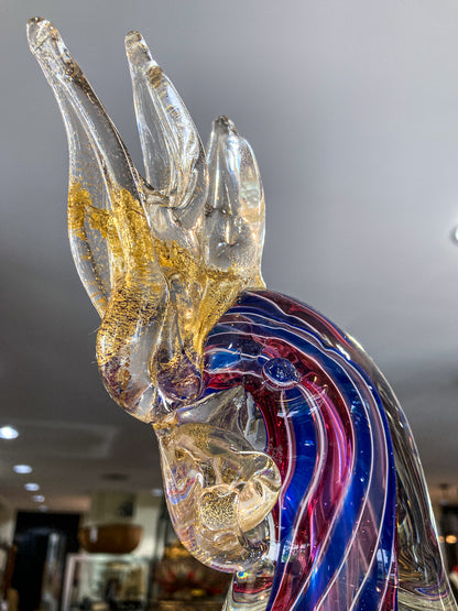 Vintage Handblown Murano Large Red Blue Clear Glass Cockatoo Sculpture