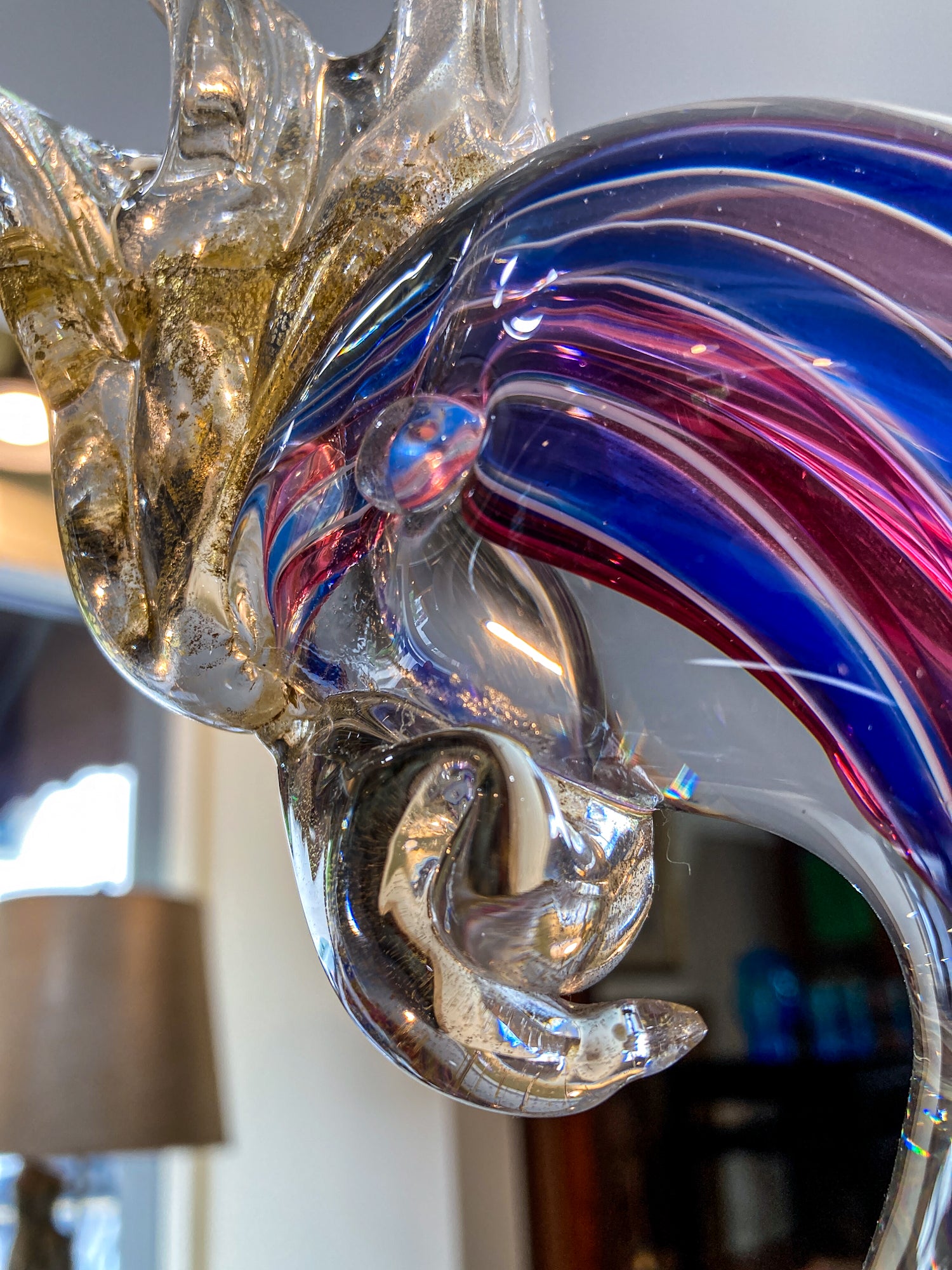 Vintage Handblown Murano Large Red Blue Clear Glass Cockatoo Sculpture