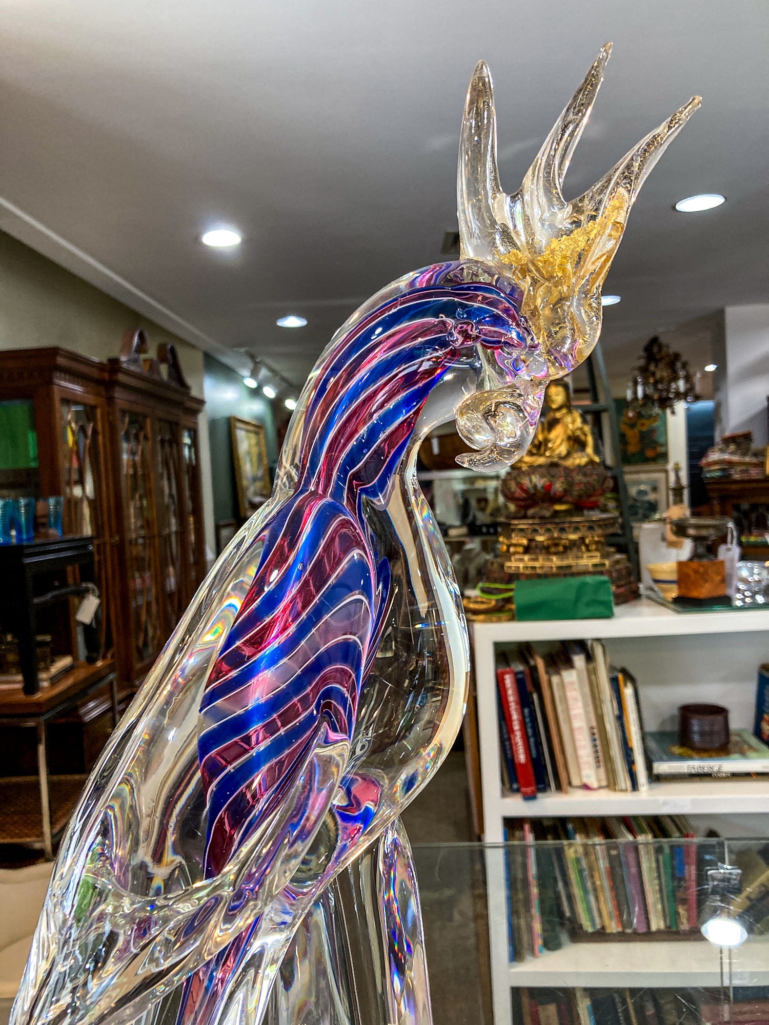 Vintage Handblown Murano Large Red Blue Clear Glass Cockatoo Sculpture