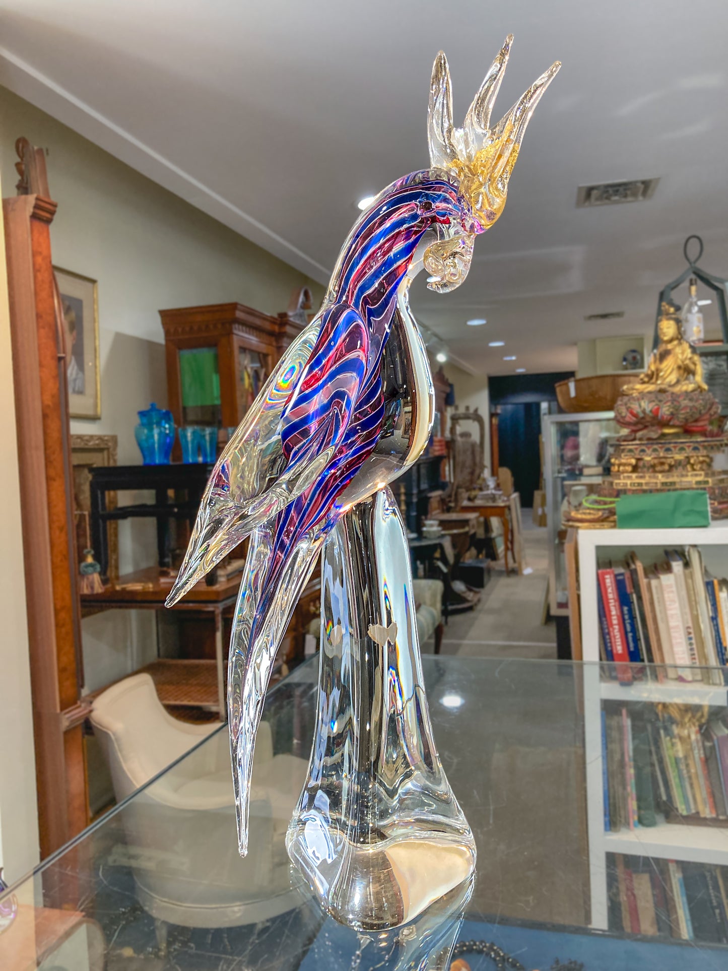 Vintage Handblown Murano Large Red Blue Clear Glass Cockatoo Sculpture