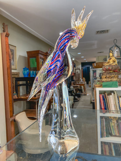 Vintage Handblown Murano Large Red Blue Clear Glass Cockatoo Sculpture