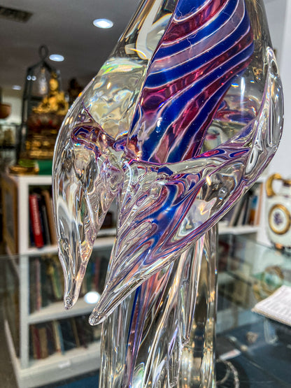 Vintage Handblown Murano Large Red Blue Clear Glass Cockatoo Sculpture