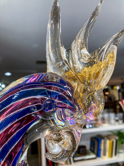Vintage Handblown Murano Large Red Blue Clear Glass Cockatoo Sculpture