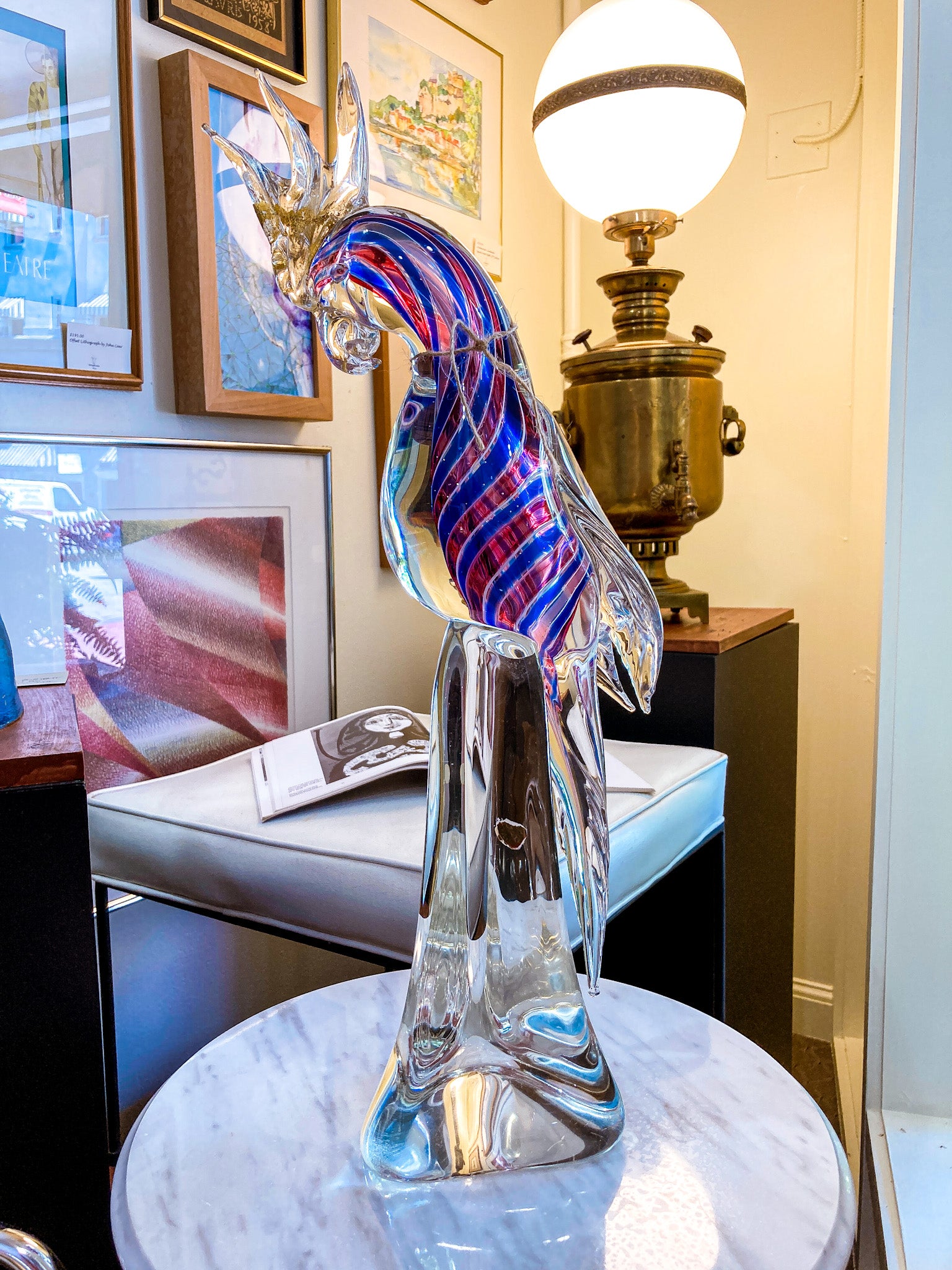 Vintage Handblown Murano Large Red Blue Clear Glass Cockatoo Sculpture