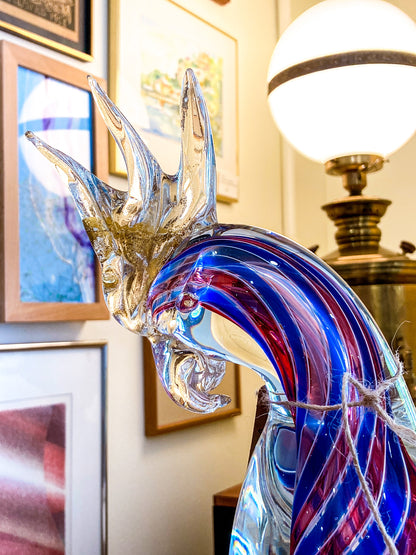 Vintage Handblown Murano Large Red Blue Clear Glass Cockatoo Sculpture
