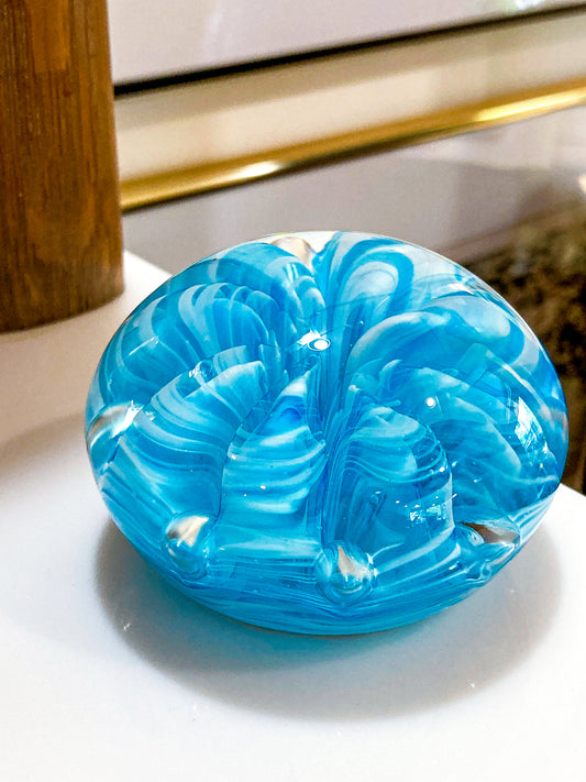 Vintage Handblown Turquoise Blue White Wavy Clear Glass Round Paperweight