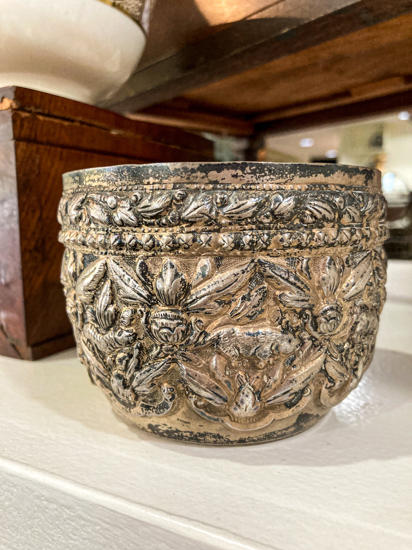 Vintage Handmade Animal Motif Burmese Silver Repoussé Bowl