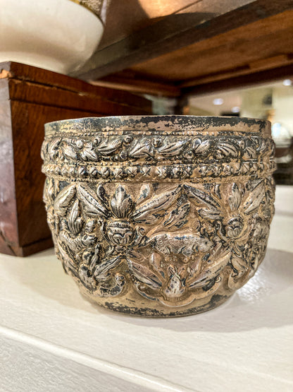 Vintage Handmade Animal Motif Burmese Silver Repoussé Bowl