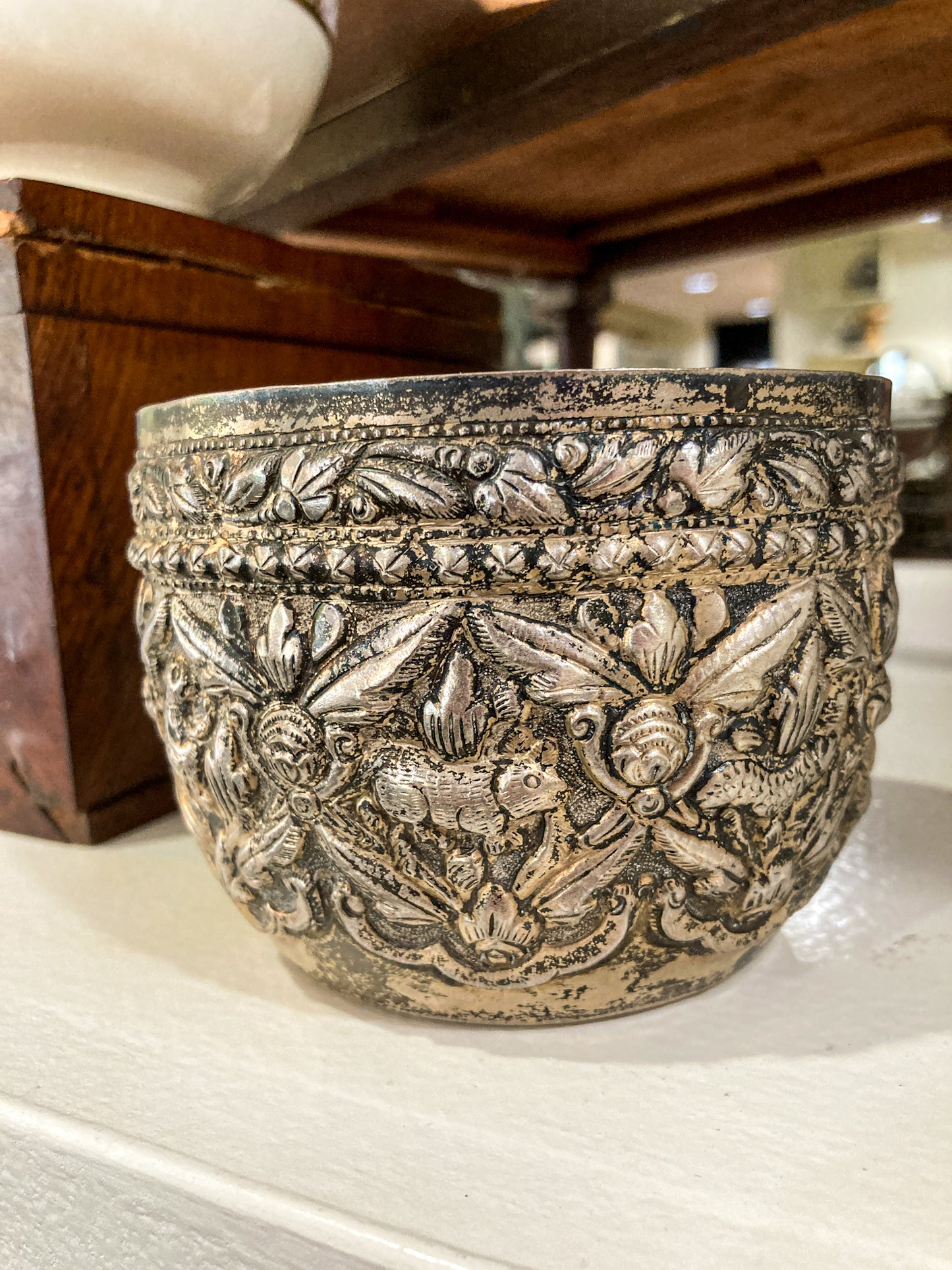 Vintage Handmade Animal Motif Burmese Silver Repoussé Bowl