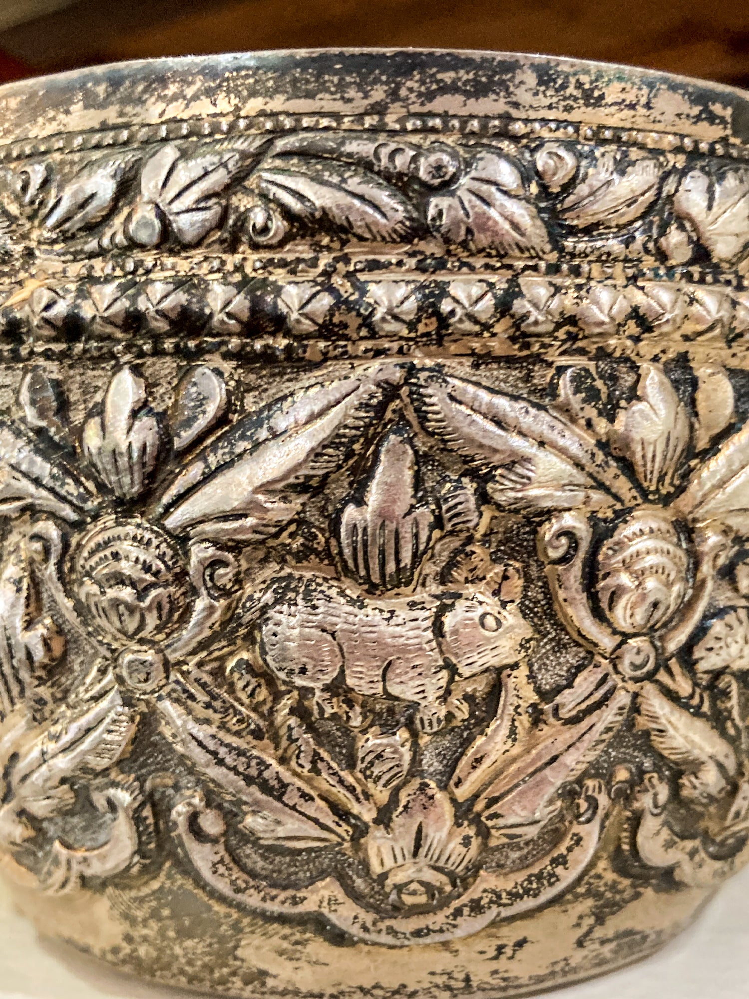 Vintage Handmade Animal Motif Burmese Silver Repoussé Bowl