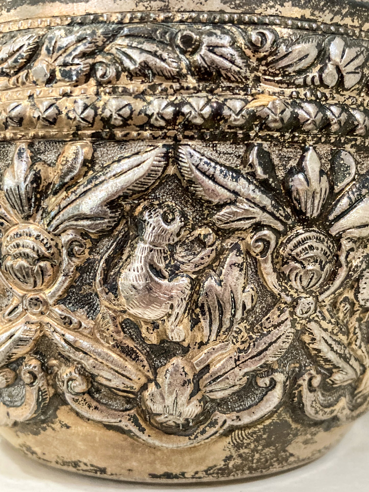 Vintage Handmade Animal Motif Burmese Silver Repoussé Bowl