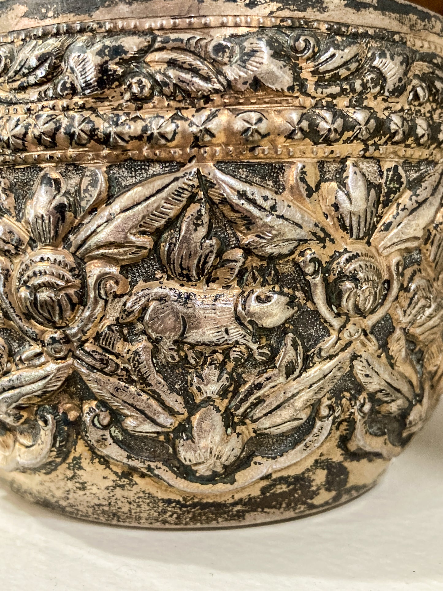 Vintage Handmade Animal Motif Burmese Silver Repoussé Bowl
