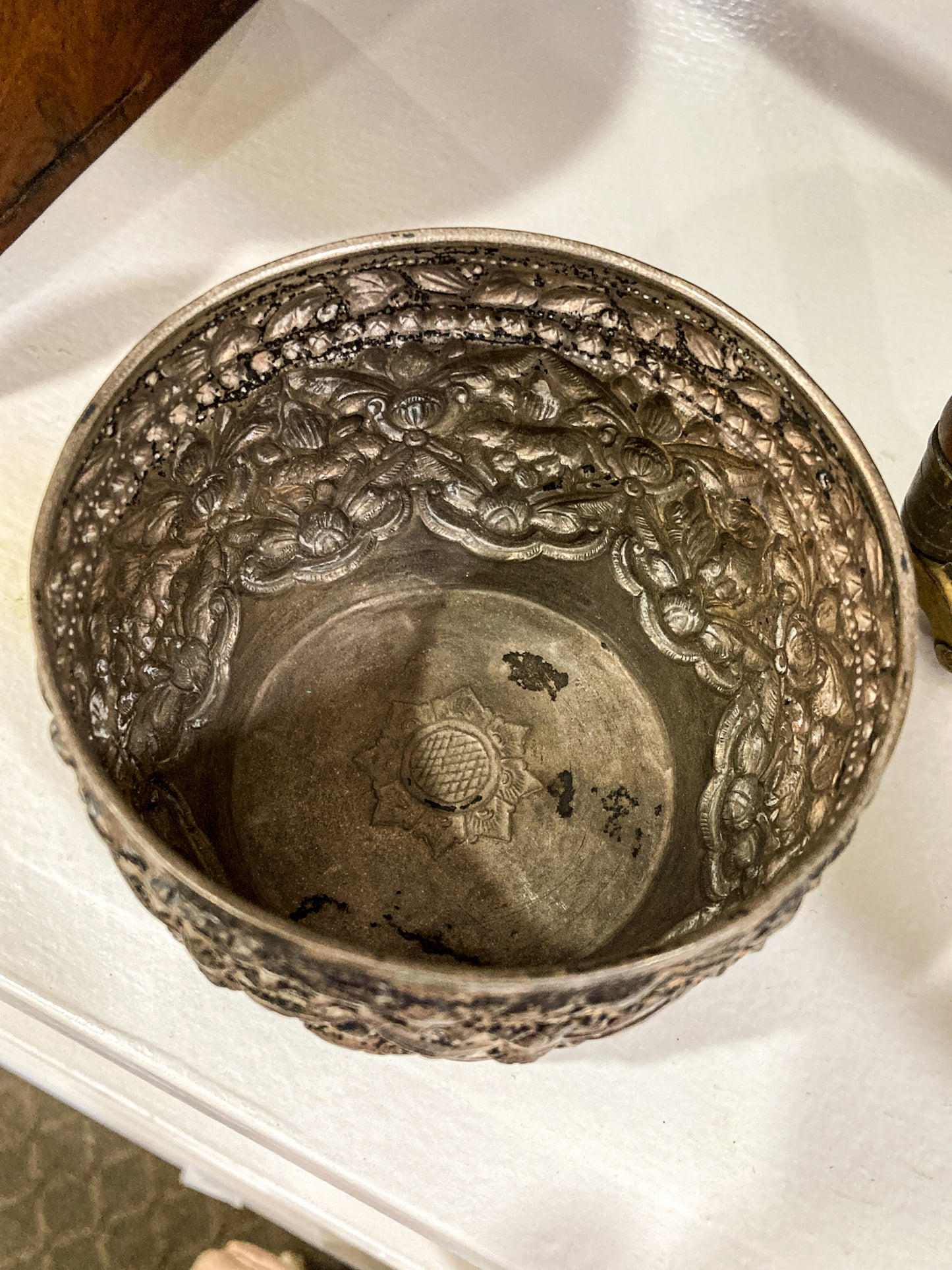 Vintage Handmade Animal Motif Burmese Silver Repoussé Bowl