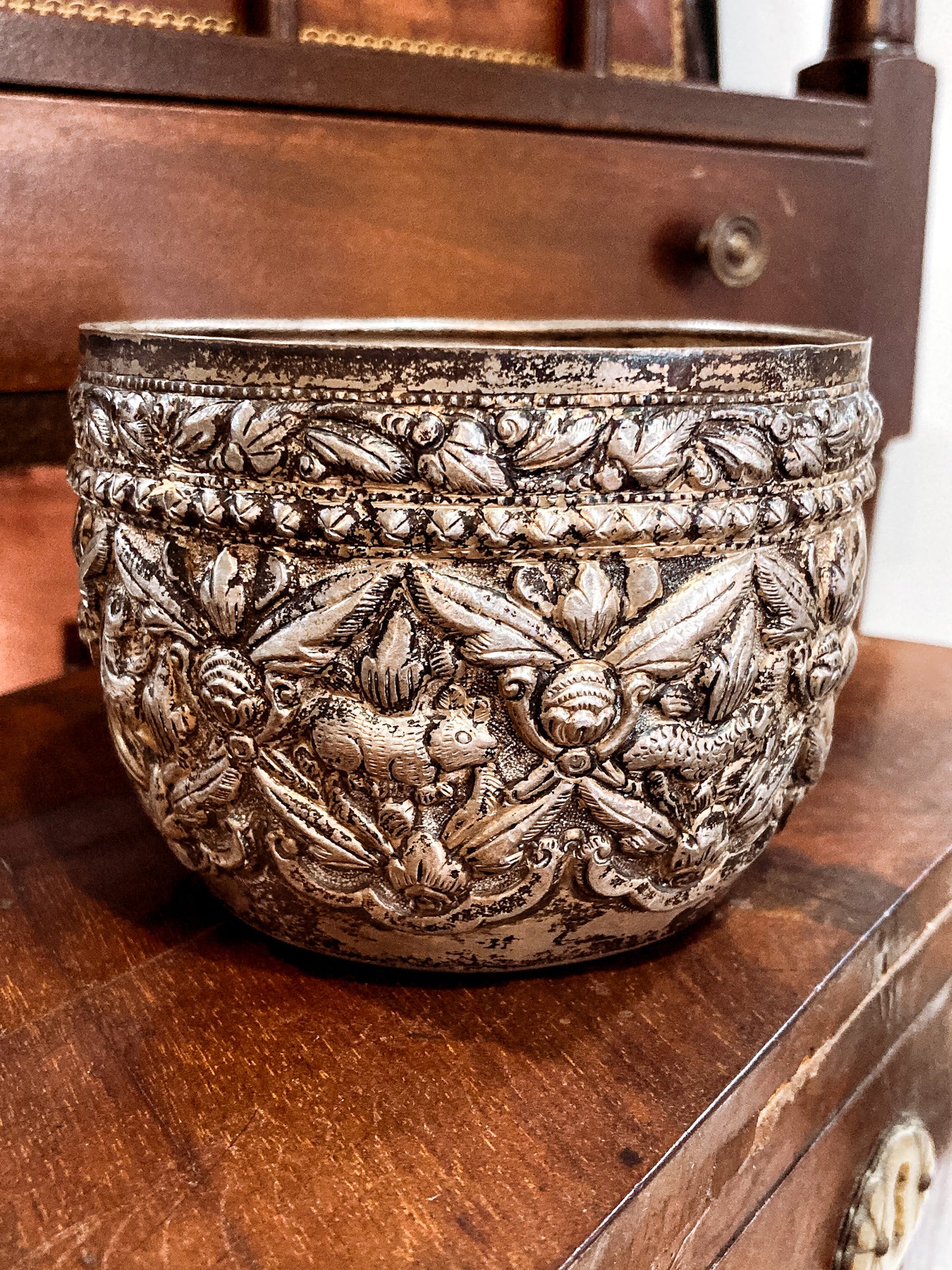 Vintage Handmade Animal Motif Burmese Silver Repoussé Bowl