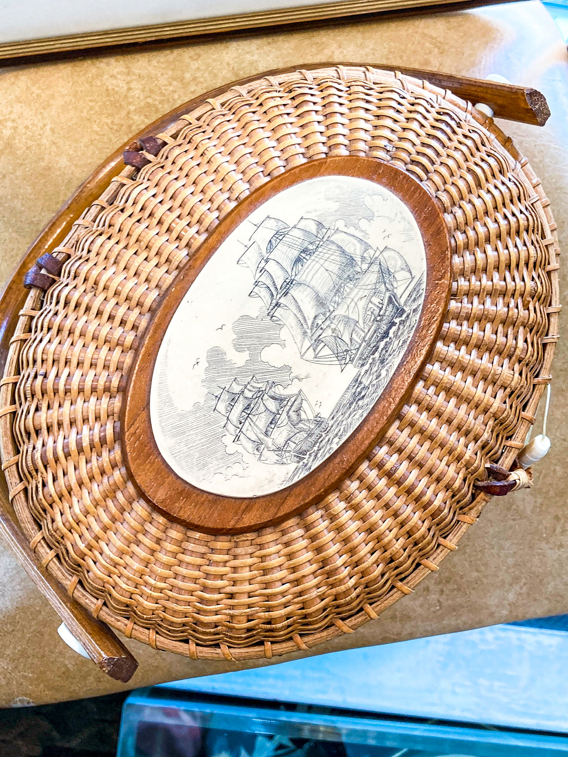 Vintage Handmade Ivoryite Scrimshaw Farnum Nantucket Basket Handbag