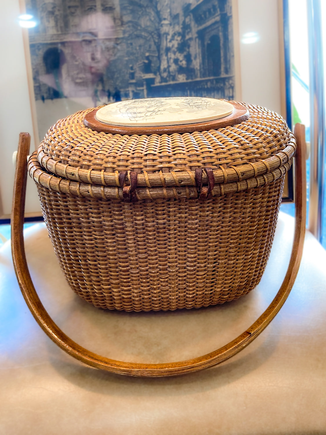 Vintage Handmade Ivoryite Scrimshaw Farnum Nantucket Basket Handbag