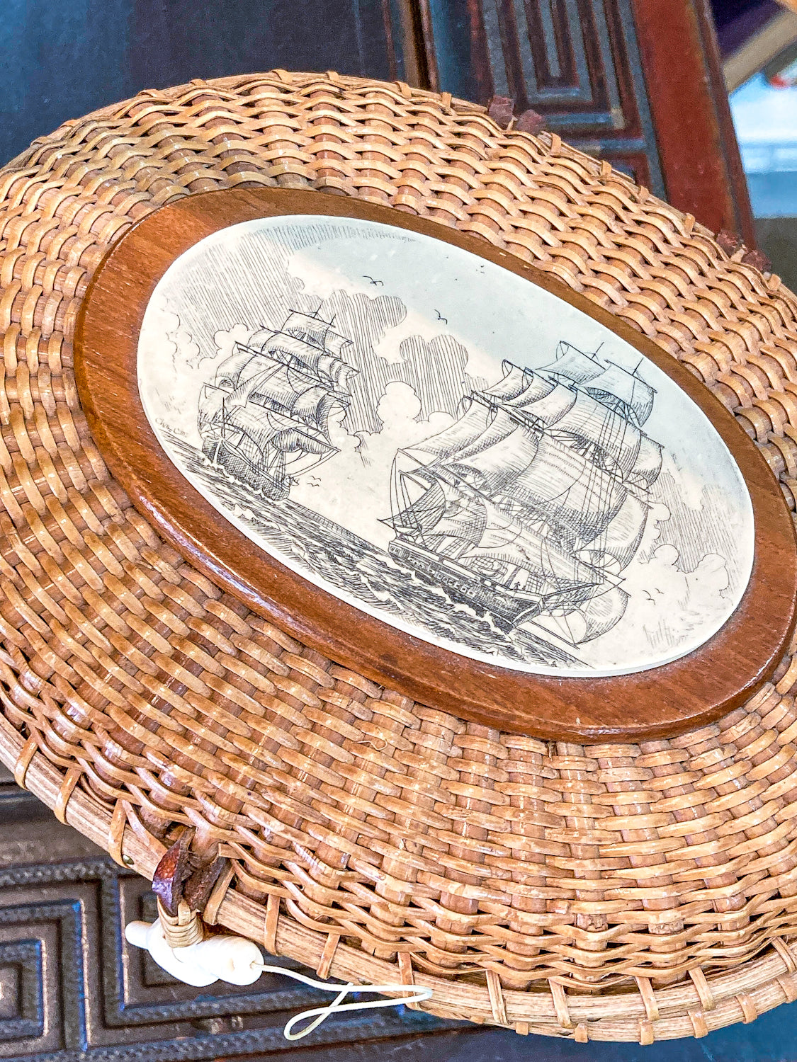 Vintage Handmade Ivoryite Scrimshaw Farnum Nantucket Basket Handbag